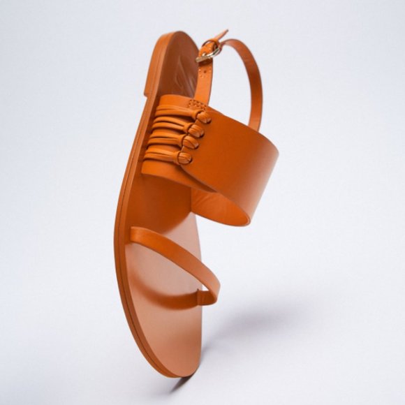 ZARA 100% LEATHER ORANGE KNOTTED FLAT LEATHER SANDALS - Picture 5 of 9